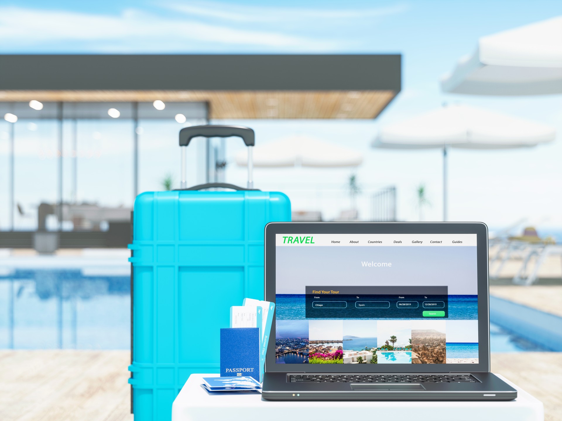 Laptop with suitcase near the luxury resort.  Concept of travel.