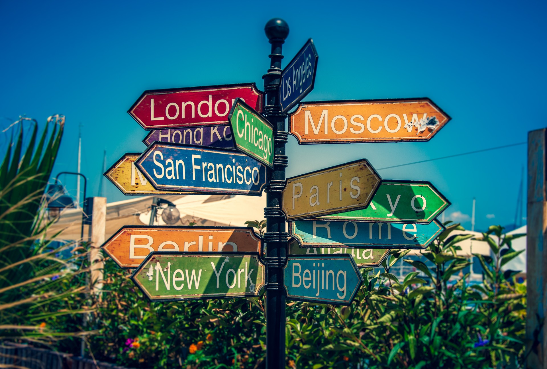 Colourful signpost pointing to major cities